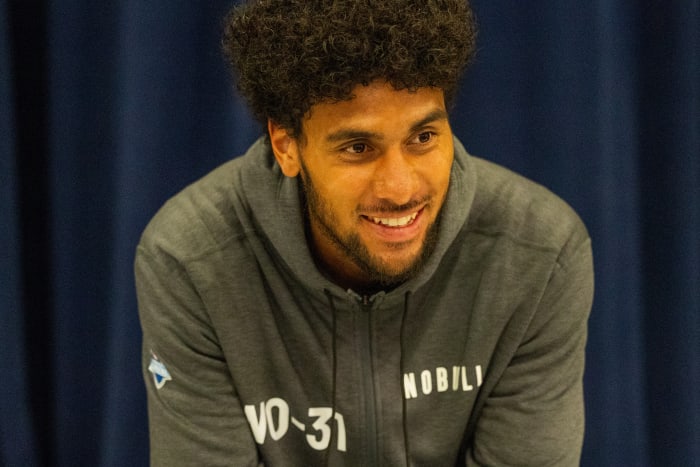 Mar 1, 2024; Indianapolis, IN, USA; Utah wide receiver Devaughn Vele (WO31) talks to the media during the 2024 NFL Combine at Lucas Oil Stadium. Mandatory Credit: Trevor Ruszkowski-USA TODAY Sports
